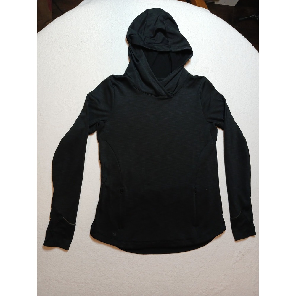 ATHLETA Bootcamp Black Hoodie Pullover Zip Pocket Thumb Holes Women's MEDIUM